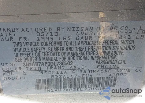 2013 Nissan Sentra S z USA, uszkodzony, nr VIN 3N1AB7AP3DL730502